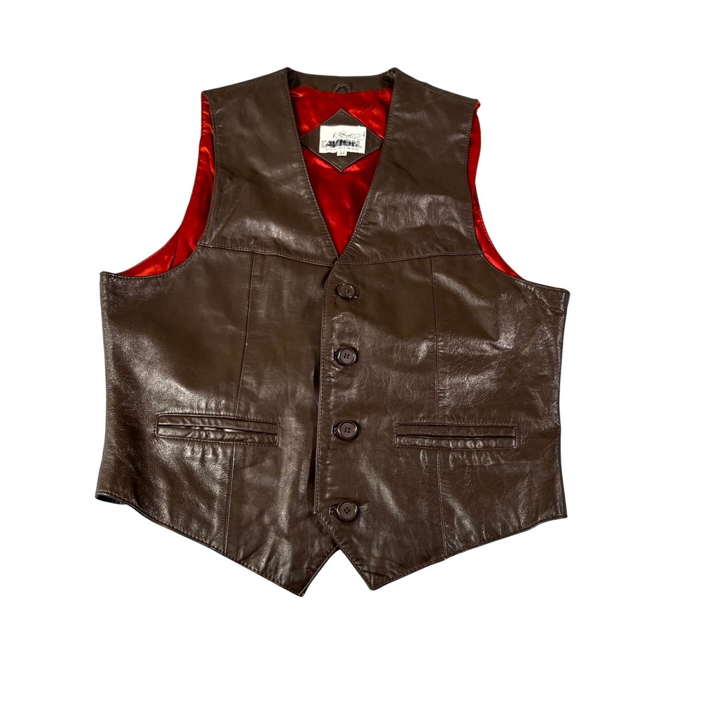Vintage LAvion Western Biker Vest Mens 44 Brown Genuine Leather Button Front
